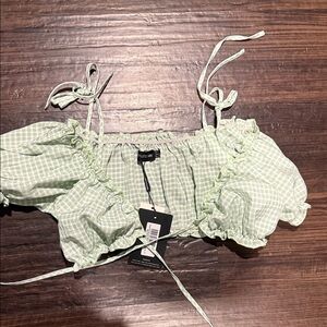 PrettyLittleThing Light Green Gingham Ruffle Tie Crop Top